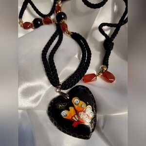 Cloisonne Black Puffy Orange Butterfly Necklace On A  Black Cord With Stones